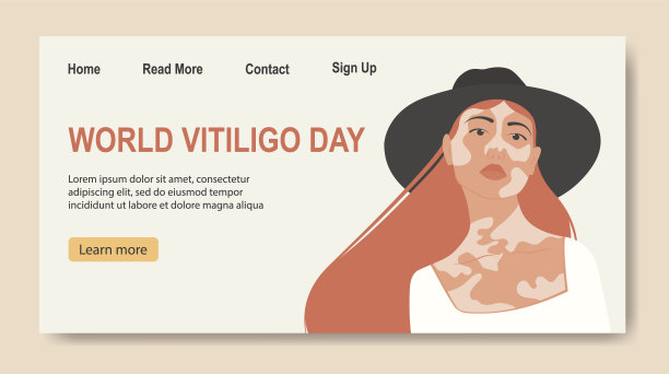 年轻的白人女孩插图与白癜风旗帜。世界白癜风日。红头发的卡通女人。图片下载