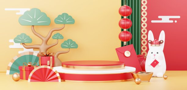 2023年兔年中国新年快乐。传统的展示产品的讲台。农历新年红色背景装饰与中国的纹理，黄金，硬币，和生肖。3 d渲染。图片下载