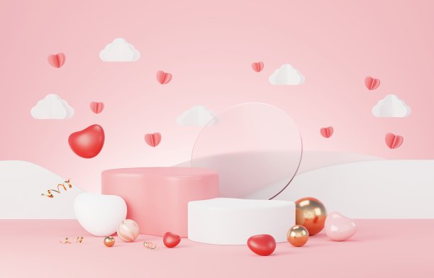 情人节快乐。最小的甜蜜爱情场景与展示平台模拟和产品品牌展示。粉色底座。可爱可爱的心形背景。爱天的设计风格。3 d渲染。图片下载