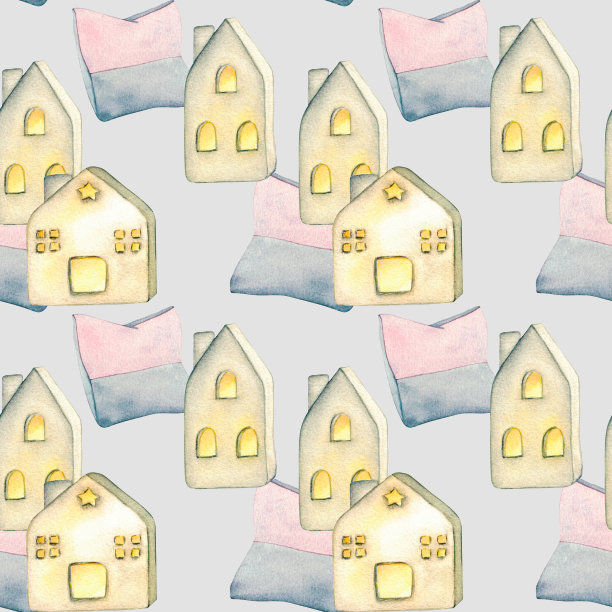 模式。陶瓷房子灯笼，枕头。客厅内部水彩插图。剪纸艺术。白色背景上的家居装饰元素。图片下载