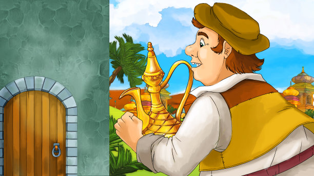 卡通场景与中世纪阿拉伯王国王子或国王旅行附近的木门入口-远东饰品-不同用途的舞台-儿童插图图片下载