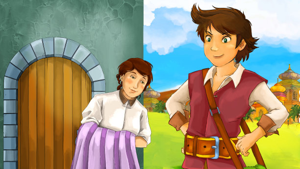 卡通场景与王子在城堡附近的插图图片下载