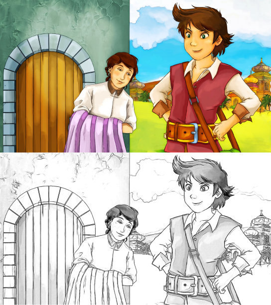 卡通场景与王子在城堡附近的插图图片下载