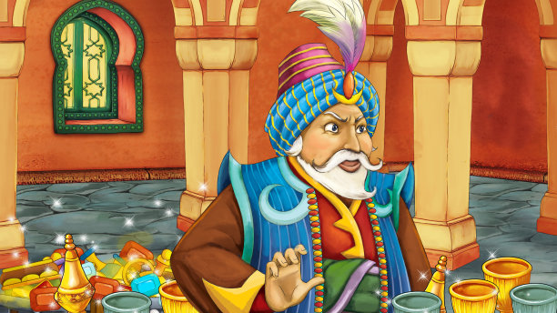 卡通场景与中世纪阿拉伯房间与宝物和王子-远东饰品-舞台不同用途-儿童插图图片下载