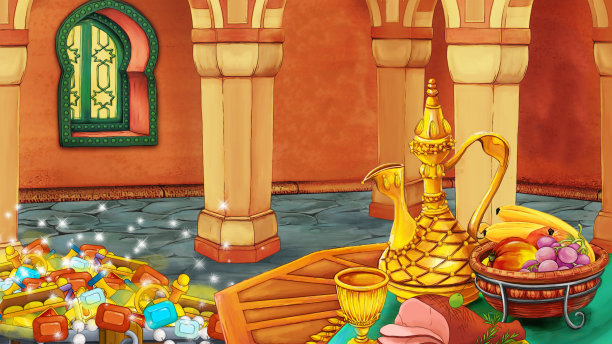 卡通场景与中世纪阿拉伯房间与宝物-远东饰品-舞台不同用途-儿童插图图片下载