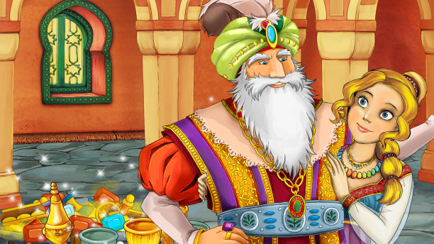 卡通场景与中世纪阿拉伯房间与宝物和王子-远东饰品-舞台不同用途-儿童插图图片下载