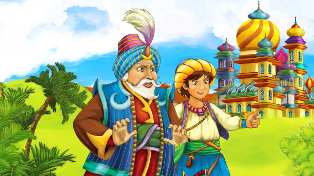 卡通场景与王子在城镇插图图片下载