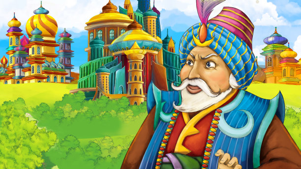 中世纪阿拉伯王国王子或国王旅行的卡通场景-远东装饰品-舞台用途不同-儿童插画图片下载