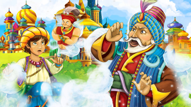 中世纪阿拉伯王国王子或国王旅行遭遇魔术师的卡通场景-远东装饰品-舞台用途不同-儿童插画图片下载