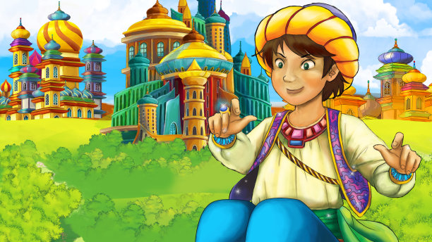 卡通场景与王子在城堡附近的插图图片下载