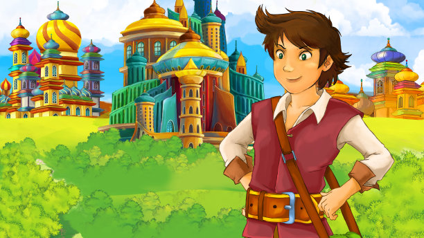 中世纪阿拉伯王国王子或国王旅行的卡通场景-远东装饰品-舞台用途不同-儿童插画图片下载