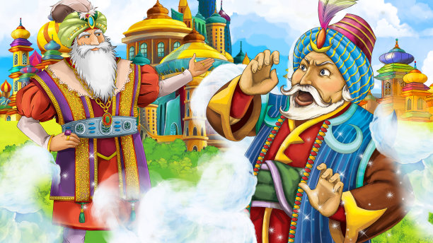 中世纪阿拉伯王国王子或国王旅行遭遇魔术师的卡通场景-远东装饰品-舞台用途不同-儿童插画图片下载