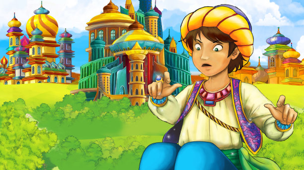 卡通场景与王子在城堡附近的插图图片下载