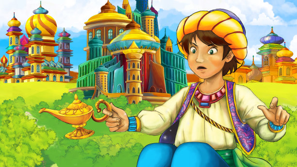 卡通场景与王子在城堡附近的插图图片下载