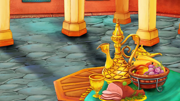 卡通场景与中世纪阿拉伯房间与宝物-远东饰品-舞台不同用途-儿童插图图片下载