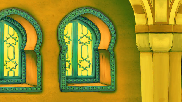 中世纪阿拉伯房间的卡通场景-远东装饰品-不同用途的舞台-儿童插画图片下载