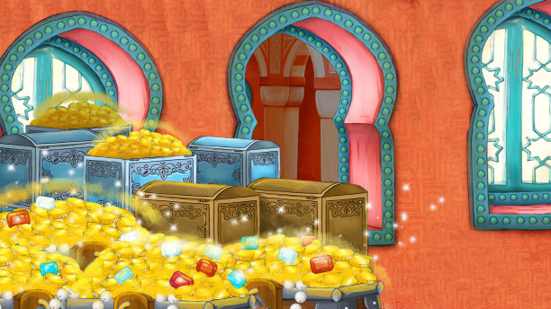 中世纪阿拉伯房间的卡通场景-远东装饰品-不同用途的舞台-儿童插画图片下载