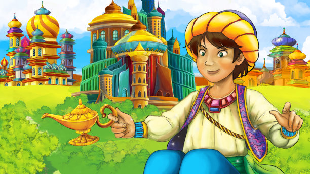 卡通场景与王子在城堡附近的插图图片下载