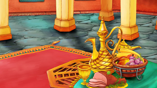 卡通场景与中世纪阿拉伯房间与宝物-远东饰品-舞台不同用途-儿童插图图片下载
