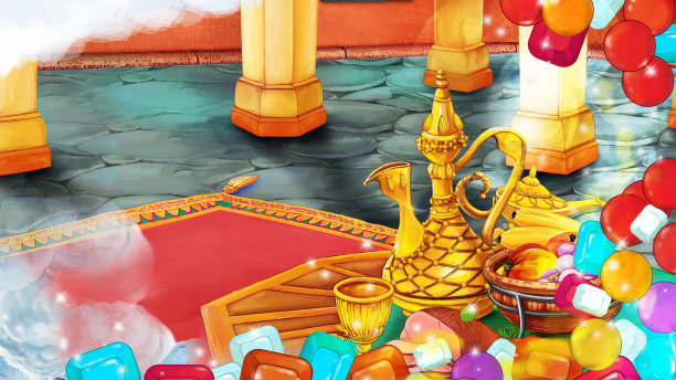 卡通场景中世纪阿拉伯房间与宝藏-远东饰品与宝藏框架-舞台不同用途-儿童插图图片下载