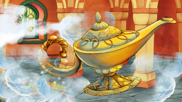 卡通场景与中世纪阿拉伯房间与珍宝和王子或国王-远东饰品-舞台不同用途-儿童插图图片下载