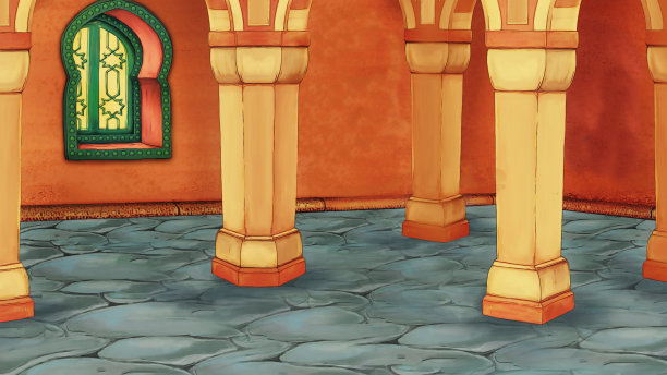 中世纪阿拉伯房间的卡通场景-远东装饰品-不同用途的舞台-儿童插画图片下载