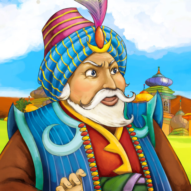 中世纪阿拉伯王国王子或国王旅行的卡通场景-远东装饰品-舞台用途不同-儿童插画图片下载