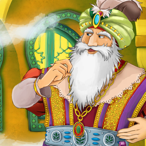 中世纪阿拉伯王国王子或国王旅行的卡通场景-远东装饰品-舞台用途不同-儿童插画图片下载