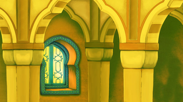 中世纪阿拉伯房间的卡通场景-远东装饰品-不同用途的舞台-儿童插画图片下载