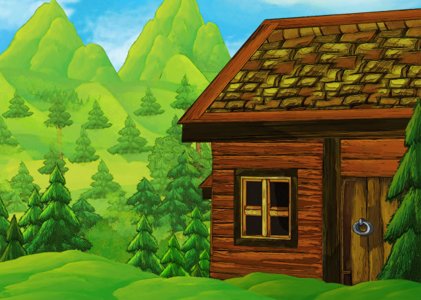 卡通场景，在一些草地上的木屋，没有人在舞台上-儿童插图图片下载