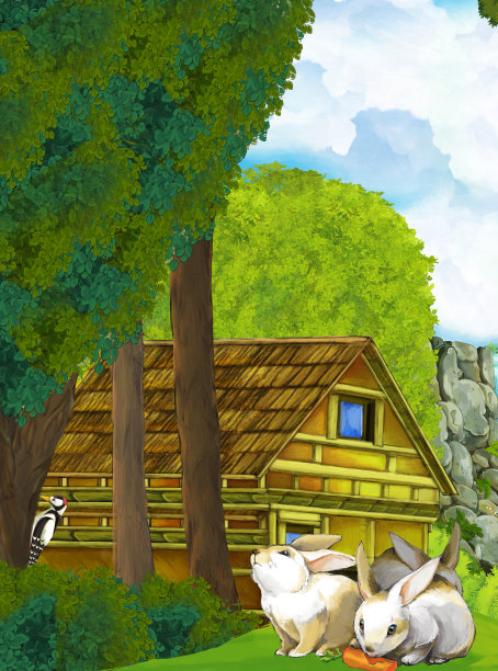 卡通场景与兔子与自然森林与路径插图图片下载