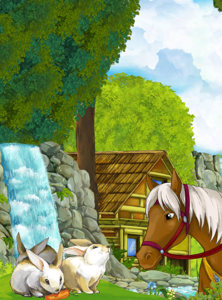 卡通场景与瀑布和农场房子和马在森林插图图片下载