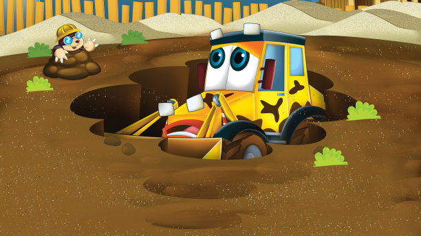 卡通挖掘机在施工现场图片下载