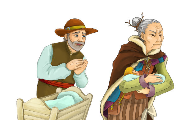 白色背景的童话卡通人物-坏女巫或女巫从他的父亲身边带走新生儿或治愈他或她-儿童插图图片下载