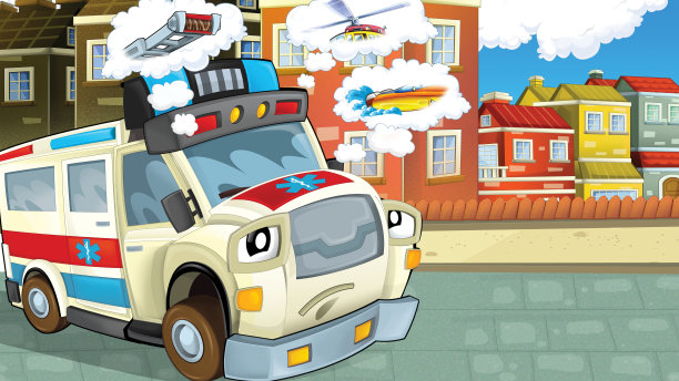 卡通城市与救护车驾驶插图图片下载