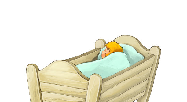 卡通童话人物-婴儿在木制摇篮上的白色背景-儿童插图图片下载