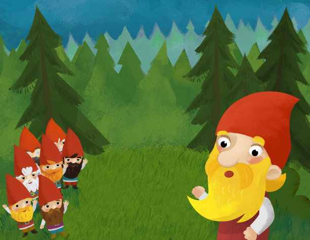 卡通场景与小矮人在森林插图图片下载