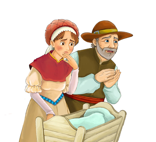 卡通童话人物-中世纪农民的丈夫和妻子在白色背景的木制摇篮里靠近他们的婴儿-儿童插图图片下载