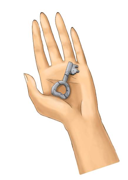 卡通场景与一套不同的复古钥匙在人手插图图片下载