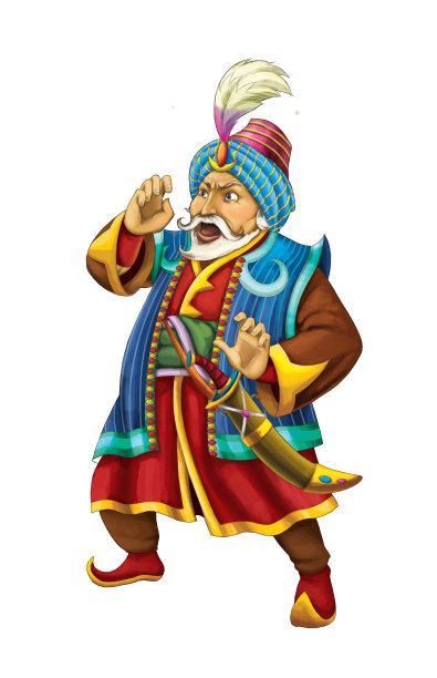 卡通场景与阿拉伯骑士或王子与剑在白色背景-儿童插图图片下载