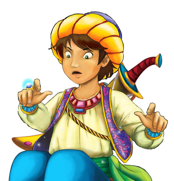 卡通场景与阿拉伯骑士或王子与剑在白色背景-儿童插图图片下载