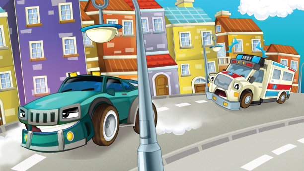 卡通城市与救护车驾驶插图图片下载