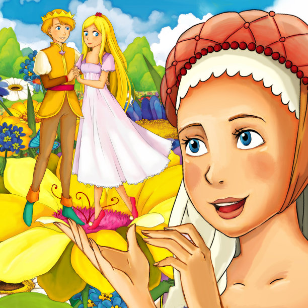 卡通精灵王子和公主在草地插图图片下载