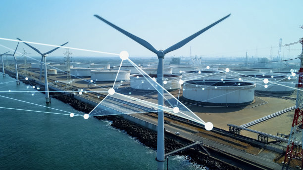 风力发电厂和技术。智能电网。可再生能源。可持续的资源。图片下载