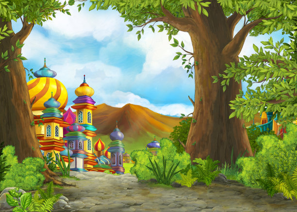 卡通自然场景与美丽的城堡与王子和公主图片下载