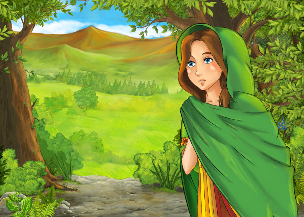 卡通夏日场景，森林中的草地上有王子和公主图片下载