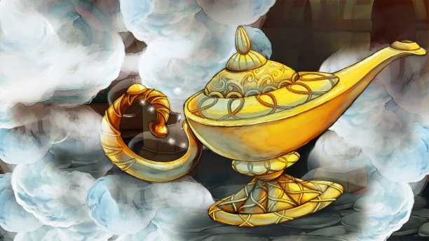 卡通场景与金色神灯插图图片下载