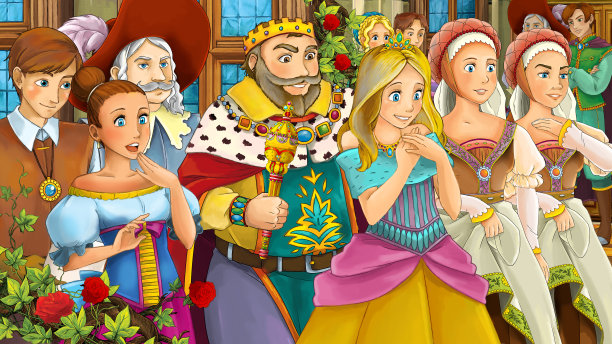 王子和公主在城堡里的卡通场景图片下载