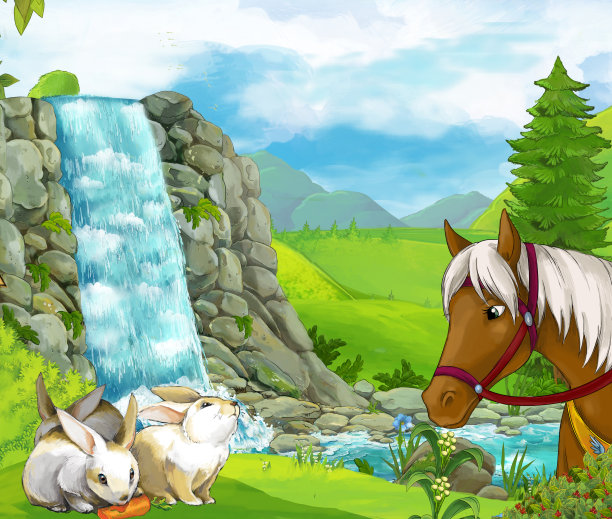 以马和瀑布为背景的卡通自然场景图片下载
