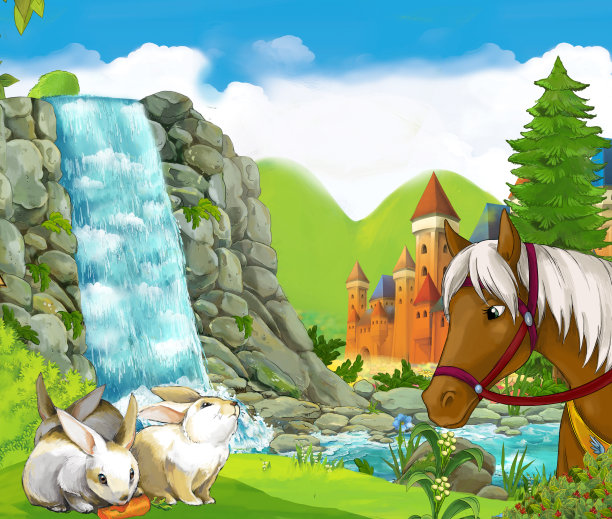 卡通自然场景与城堡与马在森林图片下载